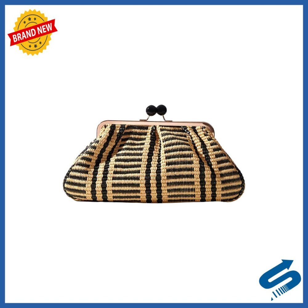 Woven Straw Evening Clutch Elegant Ruched Kiss Lock Dumpling Bag Formal